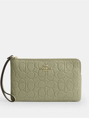 Coach Signature Embossed Pistachio Large Corner Zip Wristlet